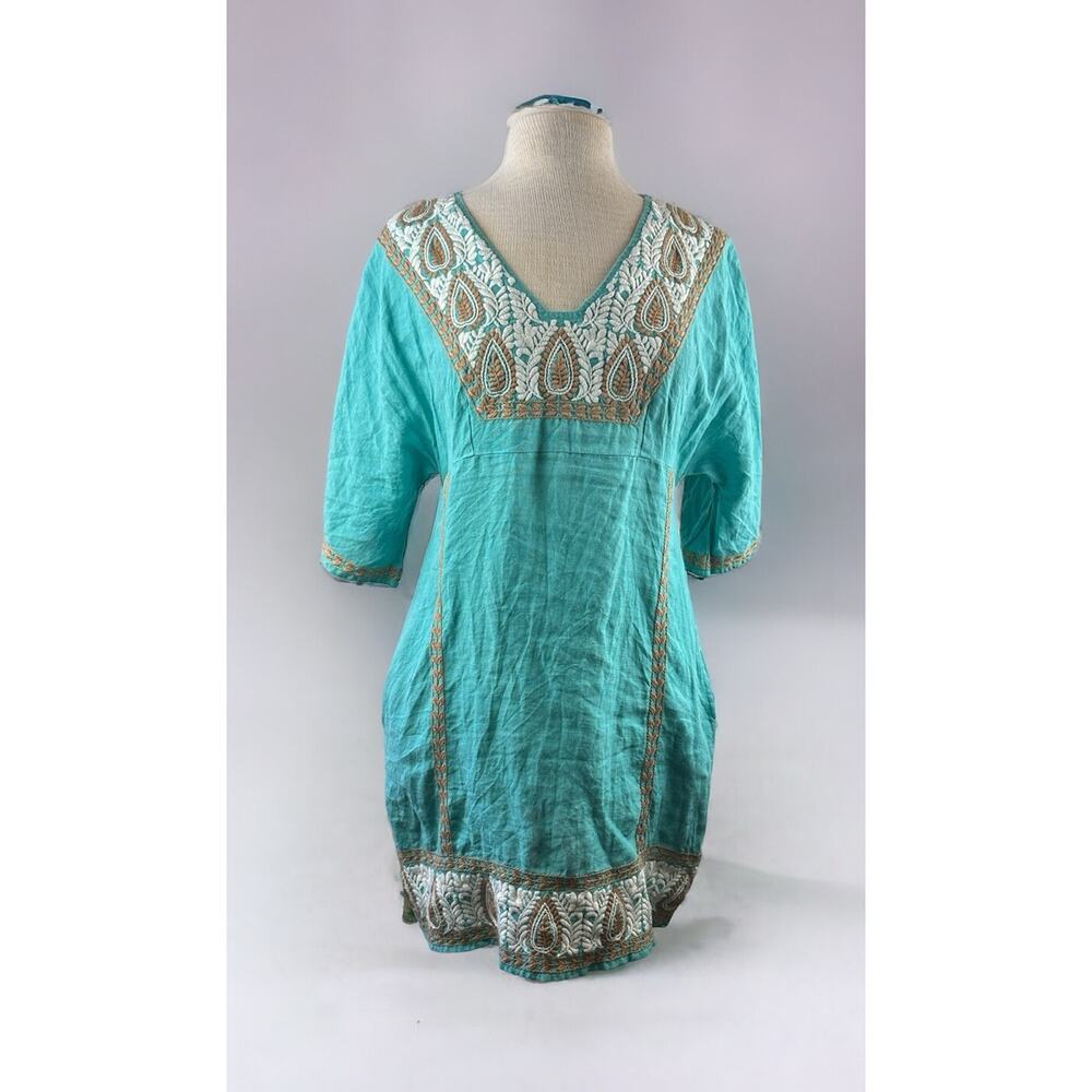 Uncle Frank 100% Linen Embroidered Dress V-Neck Boho Festival Pockets Size Small - Picture 2 of 12